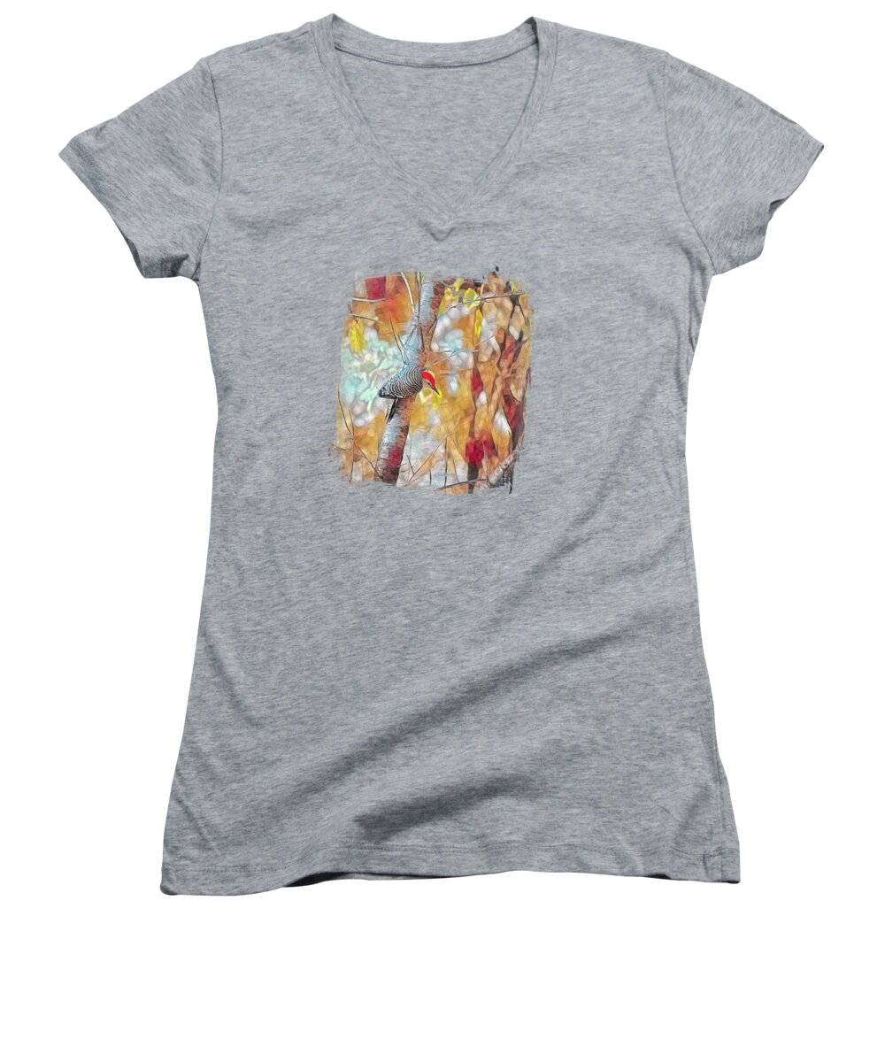Red-bellied Woodpecker Women's V-Neck featuring the photograph Fall Red-Bellied Woodpecker by Laura Vilandre