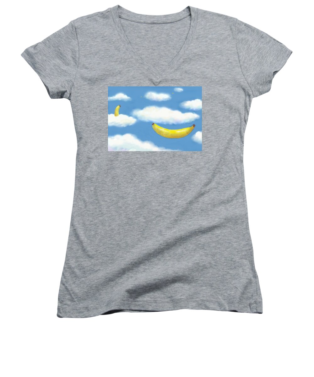 Clouds Women's V-Neck featuring the pastel Falling Bananas thru Clouds by Mary Ann Leitch