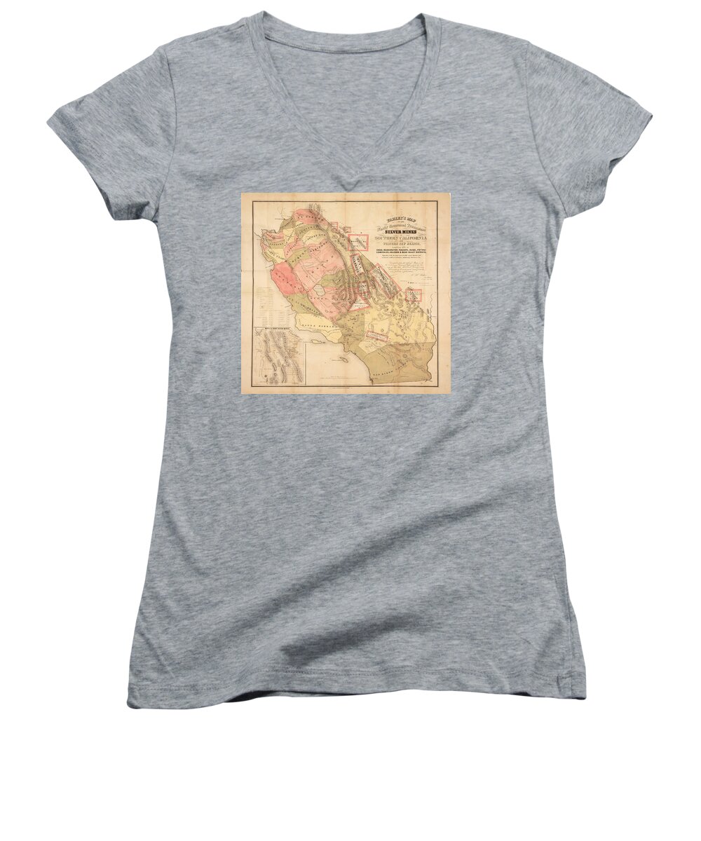 Southern California Women's V-Neck featuring the photograph Farley's vintage map of the newly discovered Tramontane Silver Mines in Southern California 1861 by Robert Rhoads