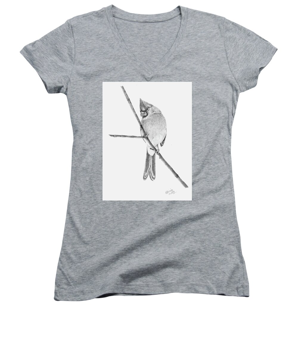 Cardinal Women's V-Neck featuring the drawing Female Cardinal by Patricia Hiltz