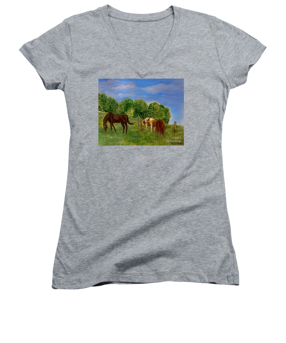 Bright Sunny Grassy Field Grasses Thoroughbred Stallion Horses Blount County Women's V-Neck featuring the painting Field of Horses' Dreams by Kimberlee Baxter