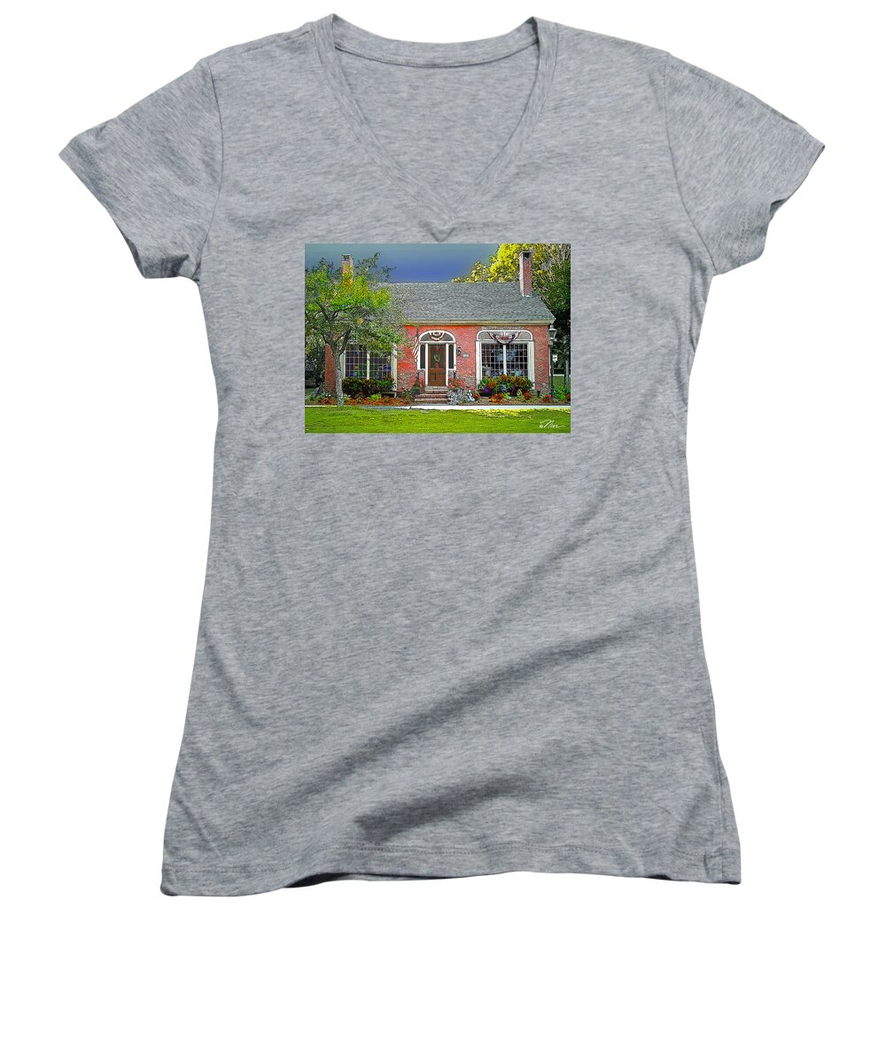 Woodstock Vermont Women's V-Neck featuring the digital art First Impressions Salon Two by Nancy Griswold
