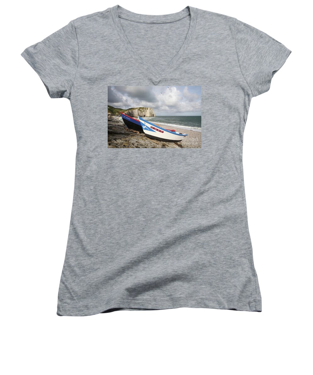 Etretat Women's V-Neck featuring the photograph Fishing boats - Etretat by Bryan Attewell