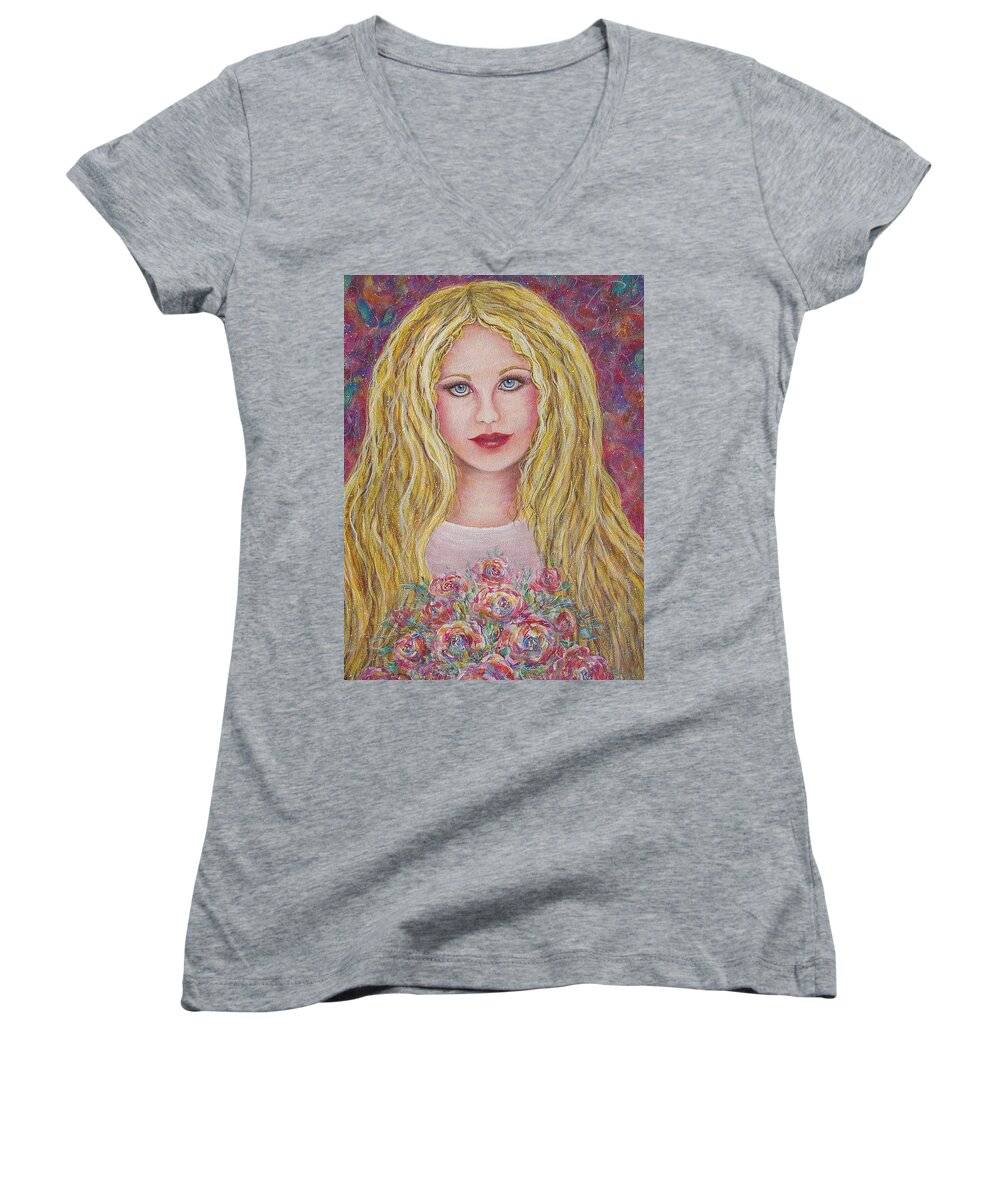 Figurative Art Women's V-Neck featuring the painting Flowers For You by Natalie Holland