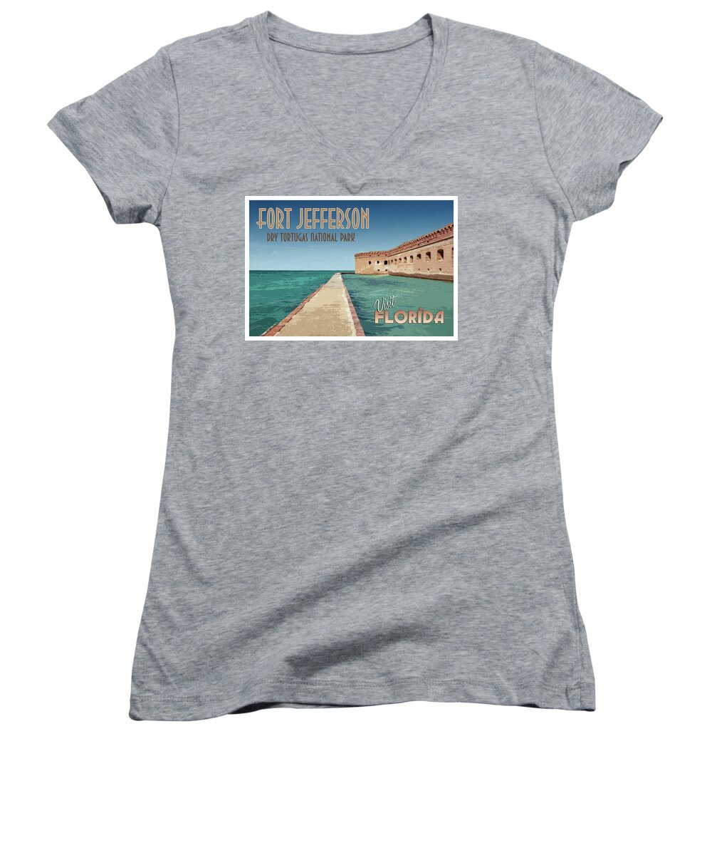Travel Poster Women's V-Neck featuring the photograph Fort Jefferson Dry Tortugas Travel Poster by Kristia Adams