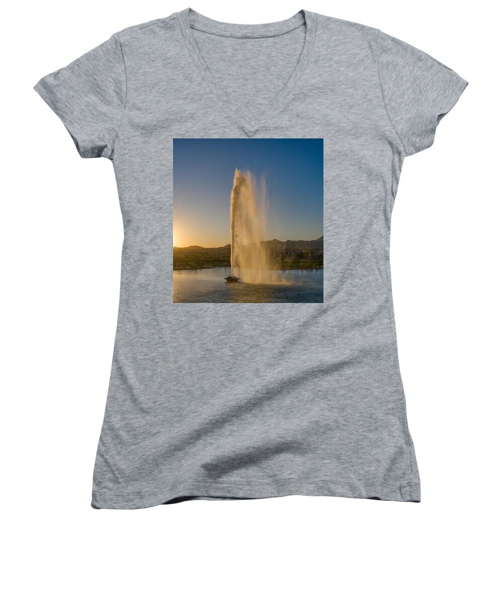 Arizona Women's V-Neck featuring the photograph Fountain Hills, Arizona Fountain Golden Hour Sunlight by Anthony Giammarino