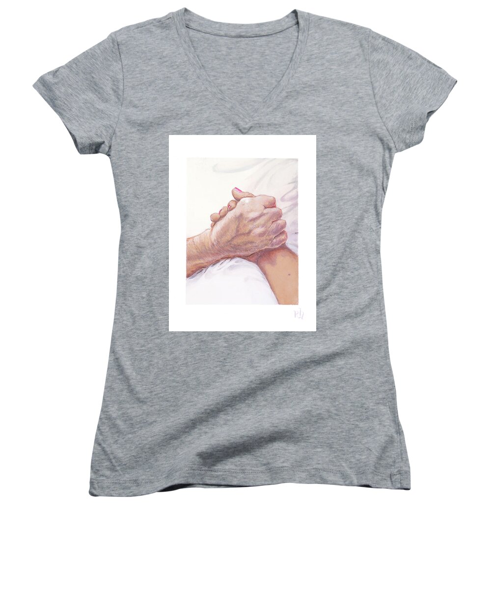 Hands Friendship Friends Youth And Age Handclasp Clasp Elder Love Companion Caregiver Caregiving Caretaker Caretaking Women's V-Neck featuring the painting Frances and Gloria by Ruth Hooper
