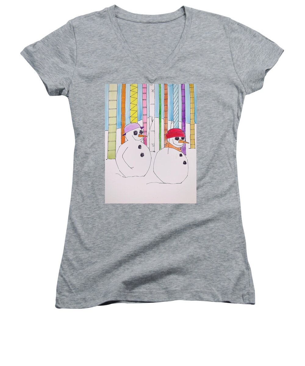 Snowmen Women's V-Neck featuring the painting Friends by Donna Howard