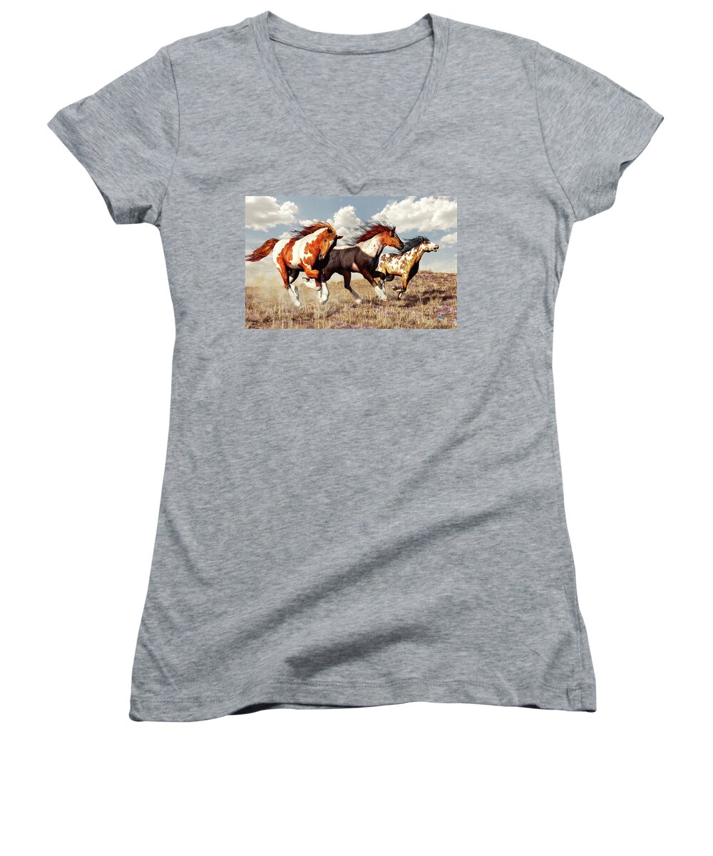 Gallop Women's V-Neck featuring the digital art Galloping Mustangs by Daniel Eskridge