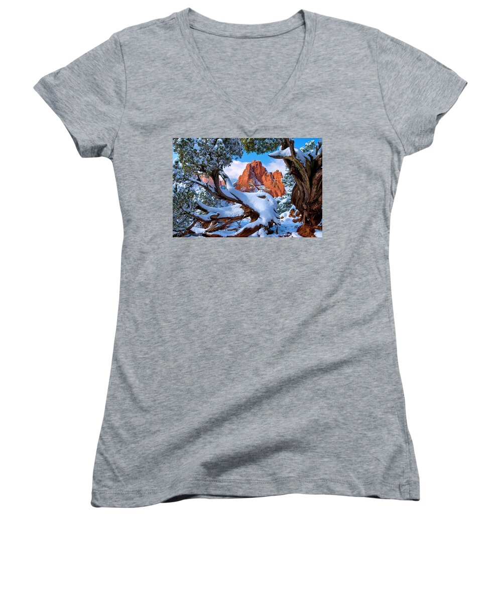 Pikes Peak National Forest Women's V-Neck featuring the photograph Garden of the Gods framed by Juniper trees by John Hoffman