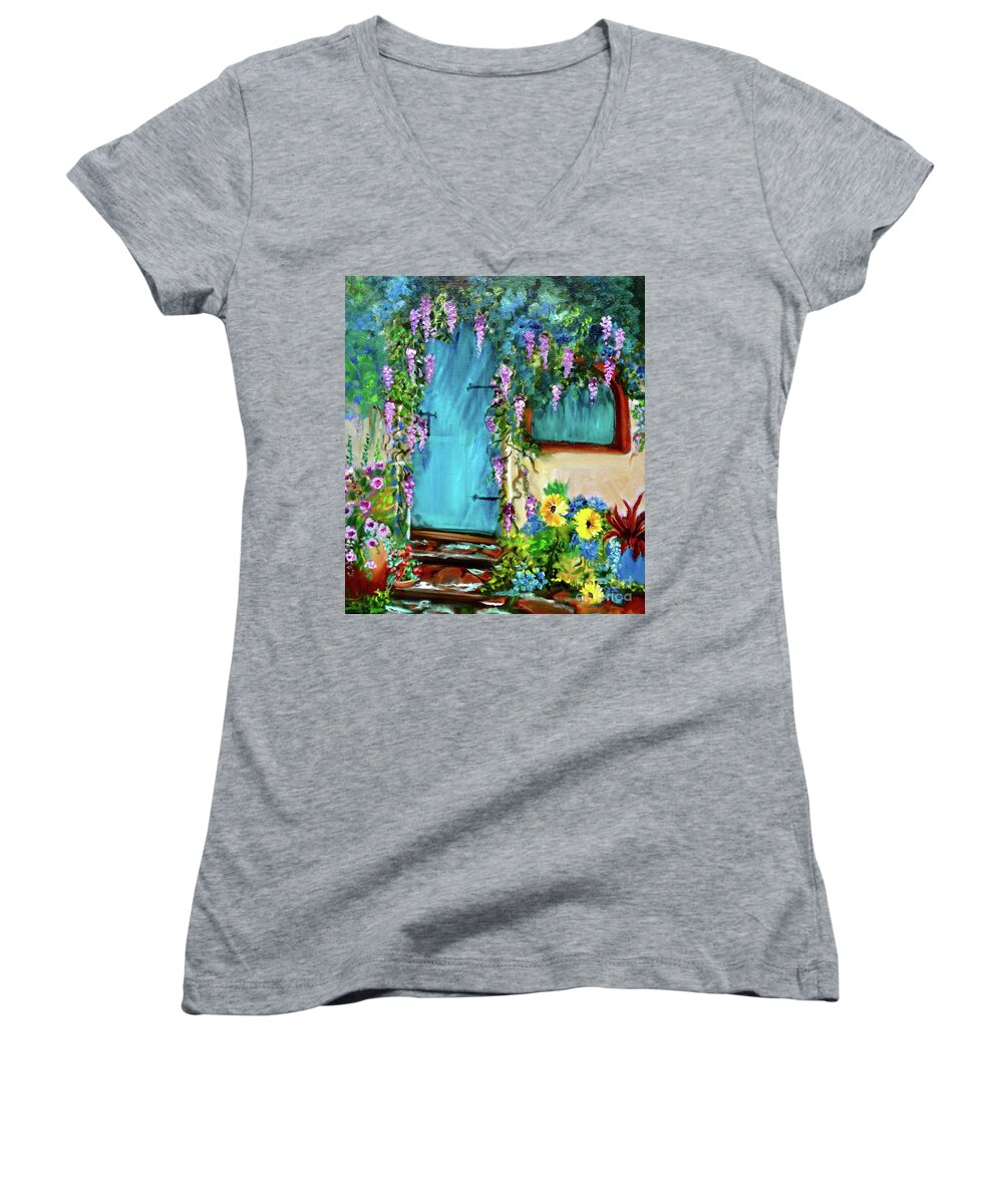 Garden Florals Women's V-Neck featuring the painting Garden Secrets - Wisteria by Jenny Lee