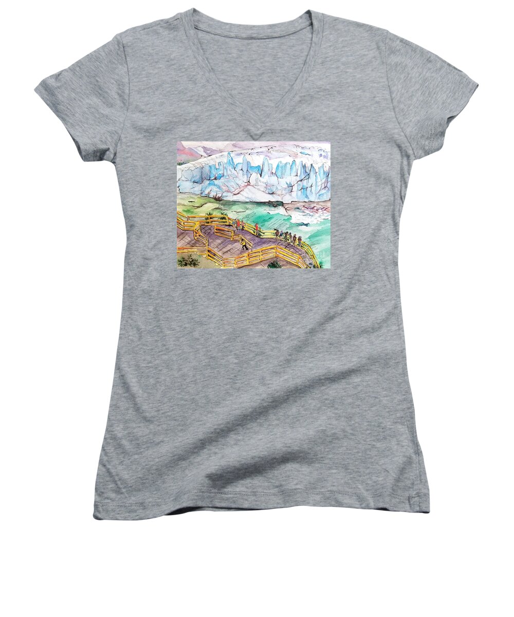 Watercolor Brush Painting Glaciers Icebergs Ocean Brush Painting Women's V-Neck featuring the painting Glaciers by Leslie Ouyang