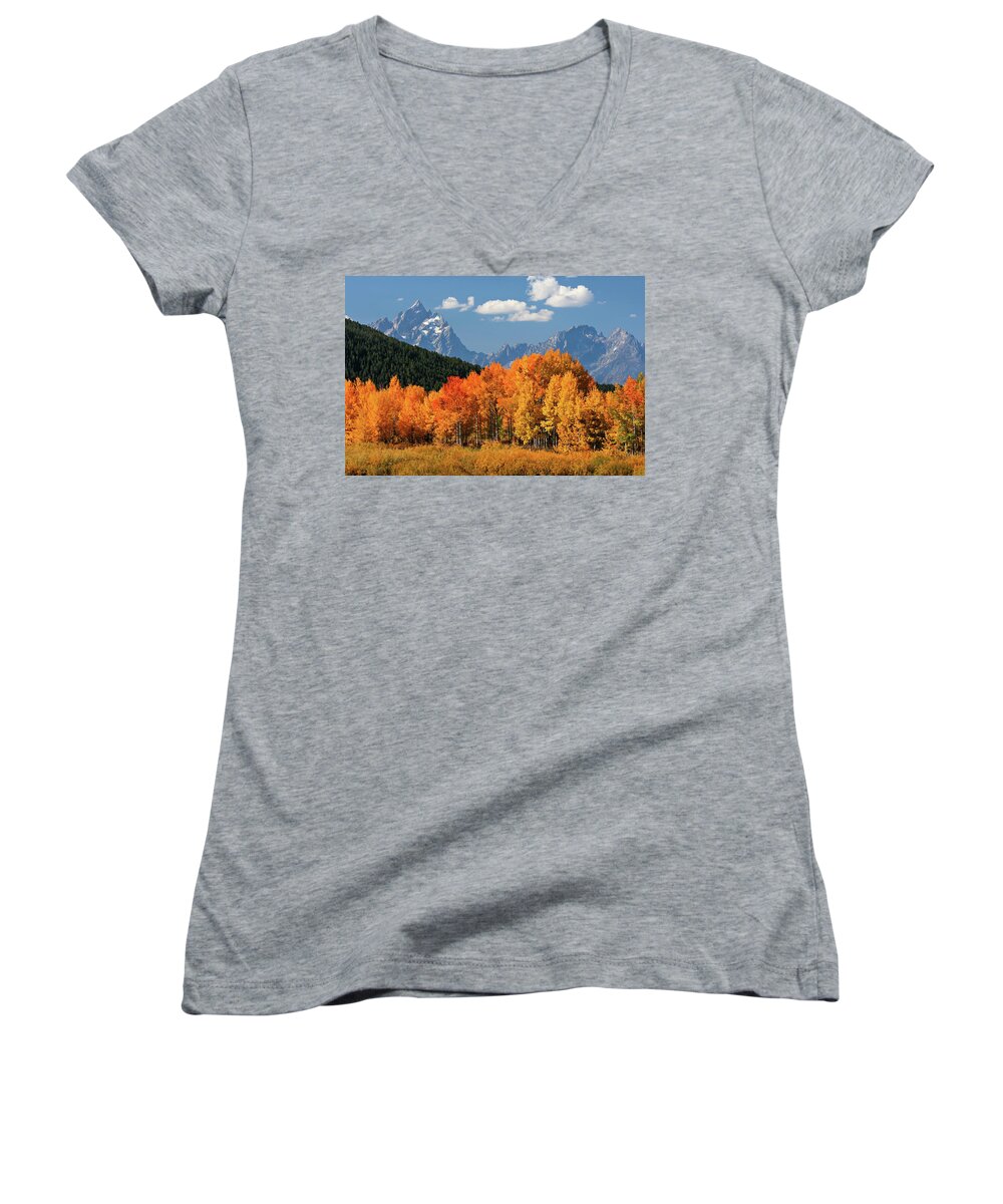 Grand Tetons Women's V-Neck featuring the photograph Golden Fall in the Tetons by Wesley Aston