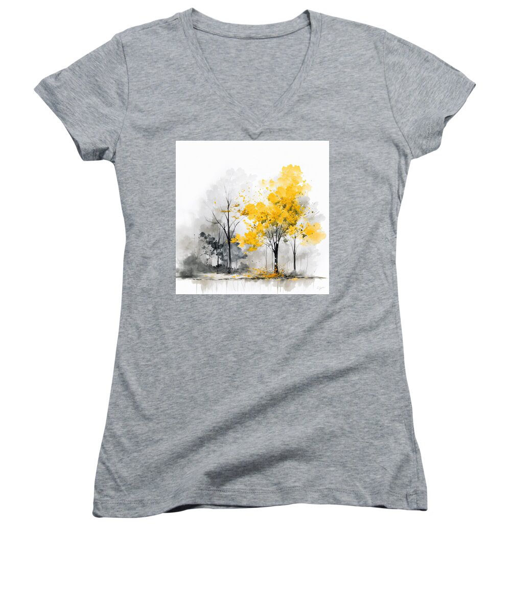 Yellow Women's V-Neck featuring the painting Golden Neutral Beauty by Lourry Legarde