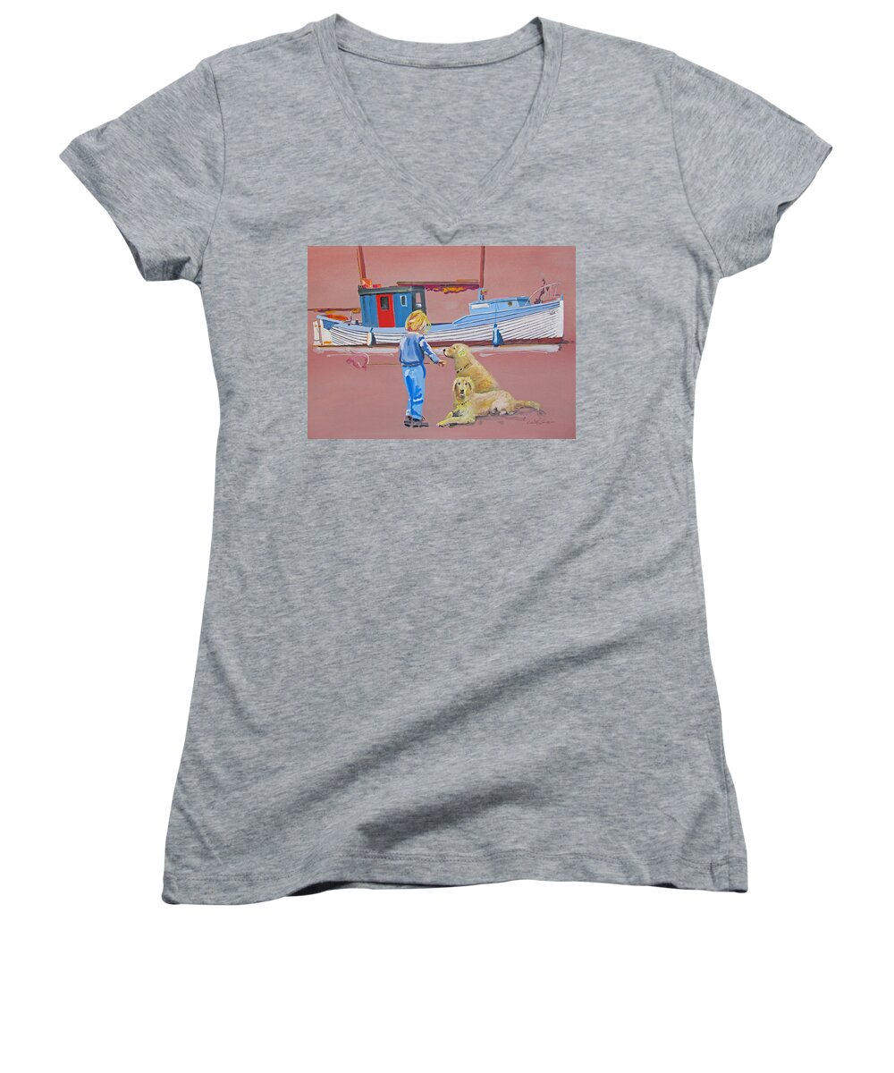 Girl Women's V-Neck featuring the painting Golden Retrievers Walberswick by Charles Stuart
