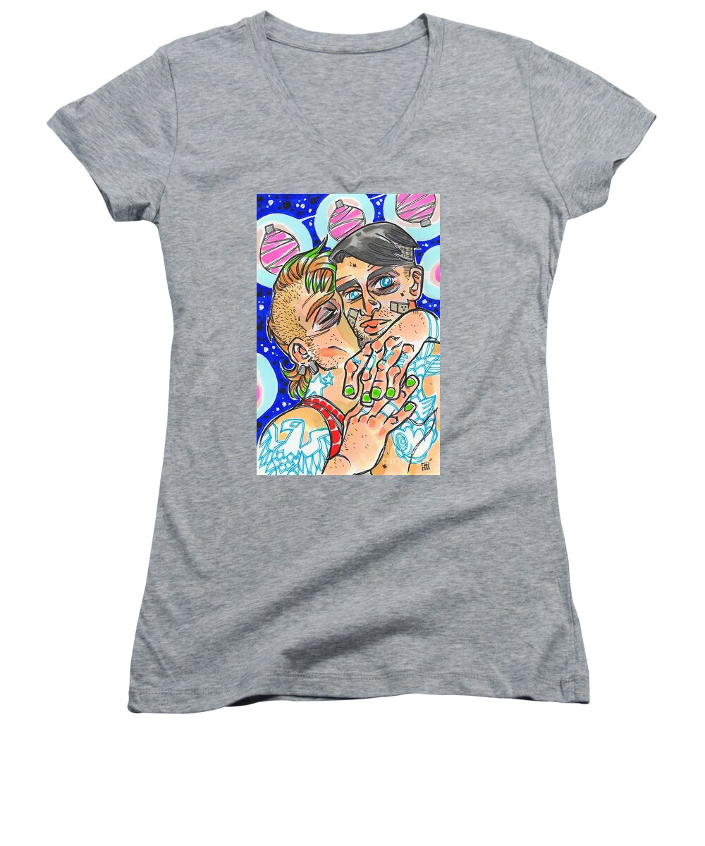 Shannon Hedges Women's V-Neck featuring the drawing Goodnight Kiss by Shannon Hedges