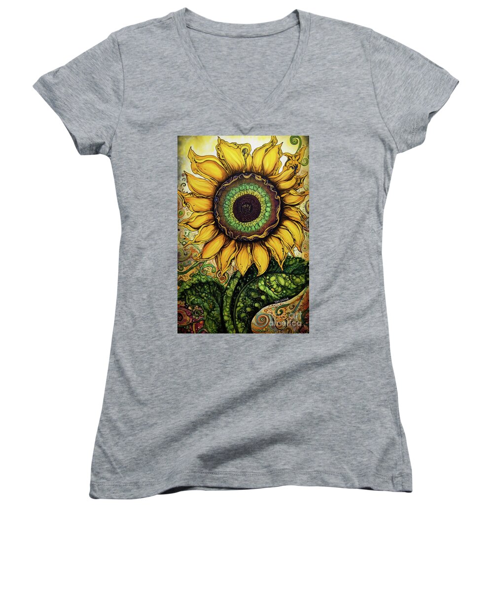 Sunflower Women's V-Neck featuring the painting Groovy Sunflower Power by Tina LeCour
