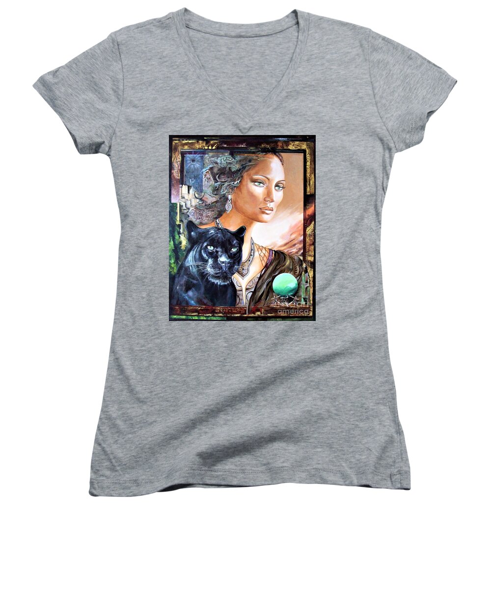 Figures Women's V-Neck featuring the painting Guardian by Sinisa Saratlic