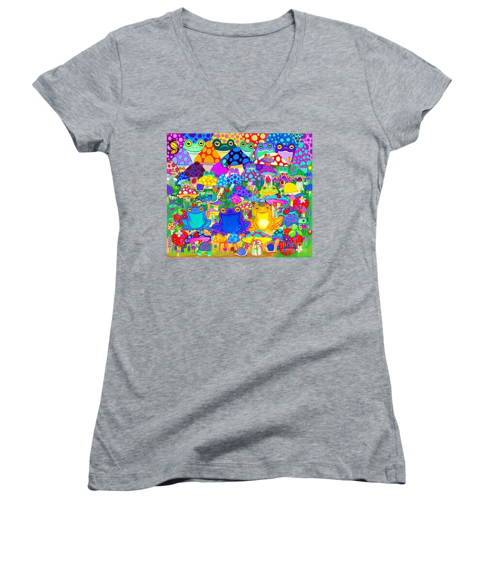 Frogs Women's V-Neck featuring the digital art Happy Colorful Frogs by Nick Gustafson