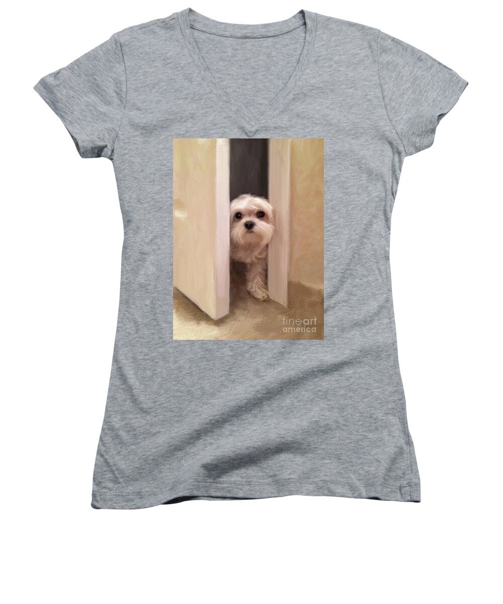 Maltese Women's V-Neck featuring the digital art Hello by Lois Bryan