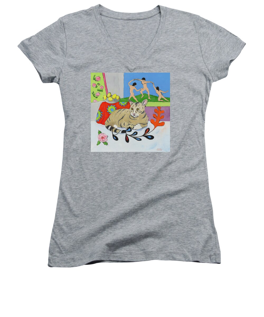 Cats Women's V-Neck featuring the painting Henri Matisse' s cat by Susan Thomas