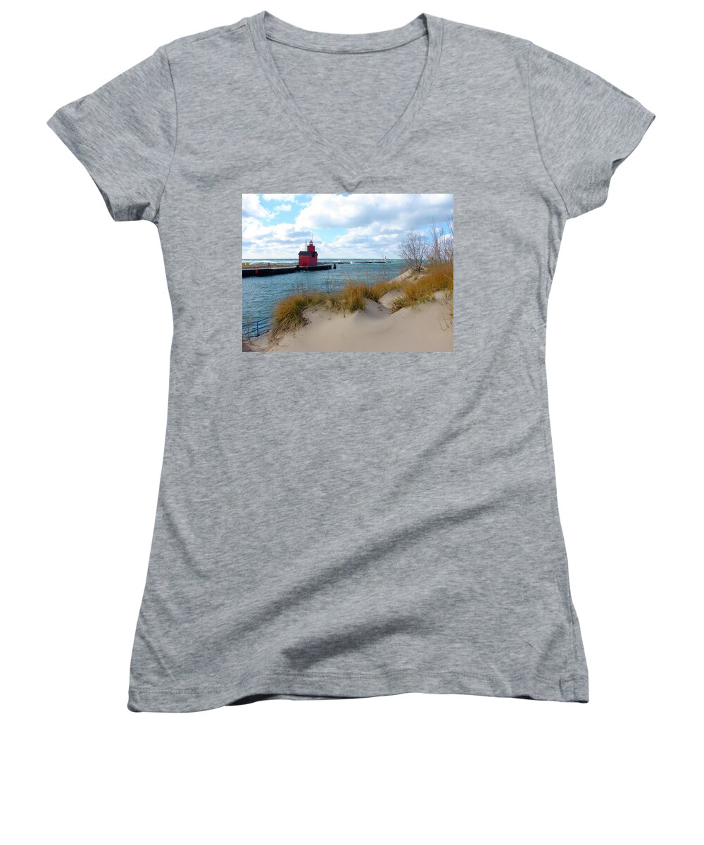 Lighthouse Women's V-Neck featuring the photograph Holland Harbor Lighthouse - Big Red - Michigan by Michelle Calkins