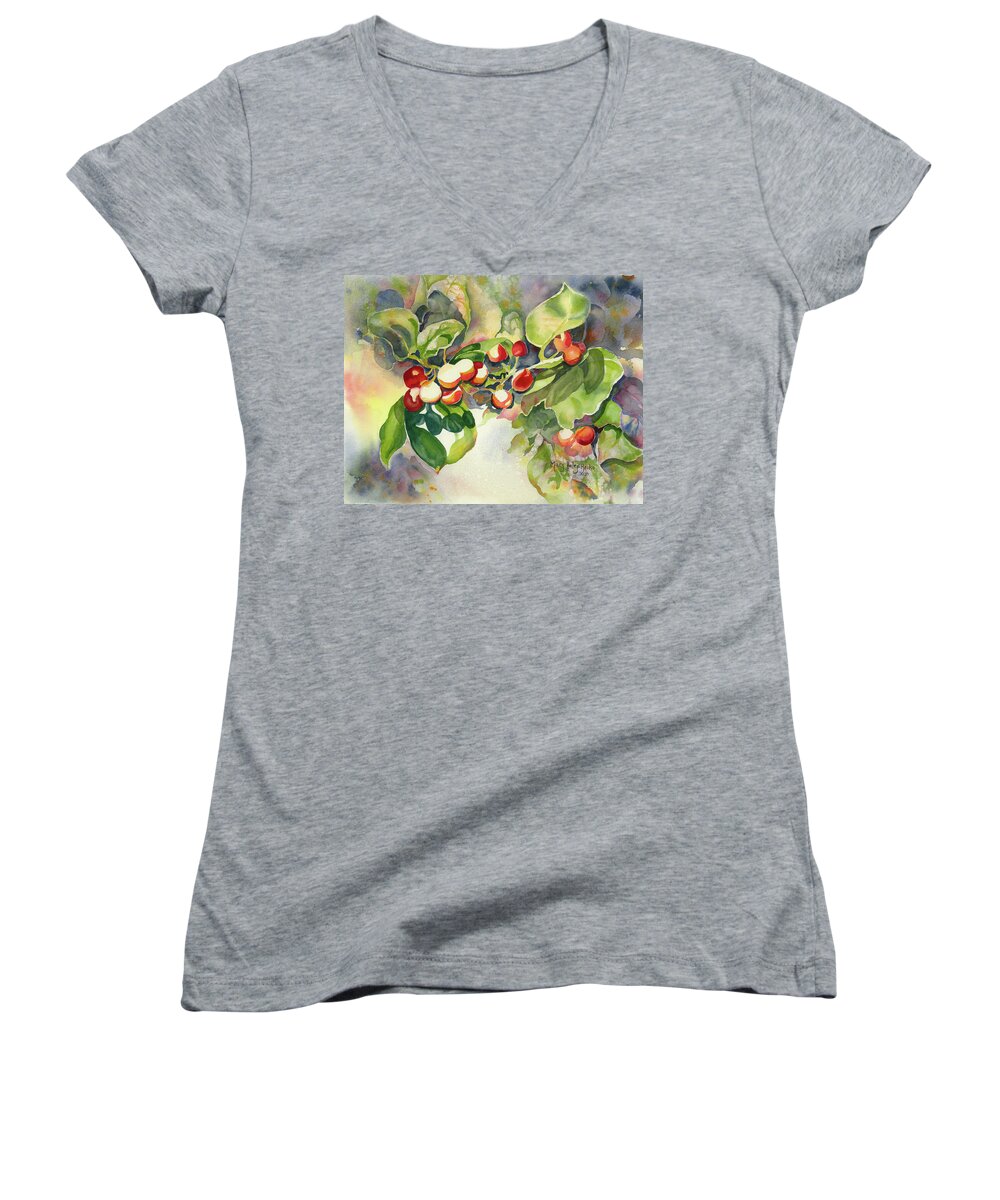 Holly Women's V-Neck featuring the painting Holly Berries by Mary Haley-Rocks