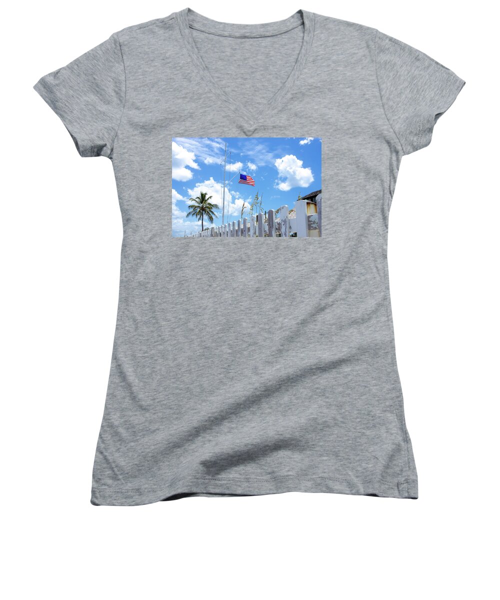 Flag Women's V-Neck featuring the photograph House of Refuge American Flag by Blair Damson