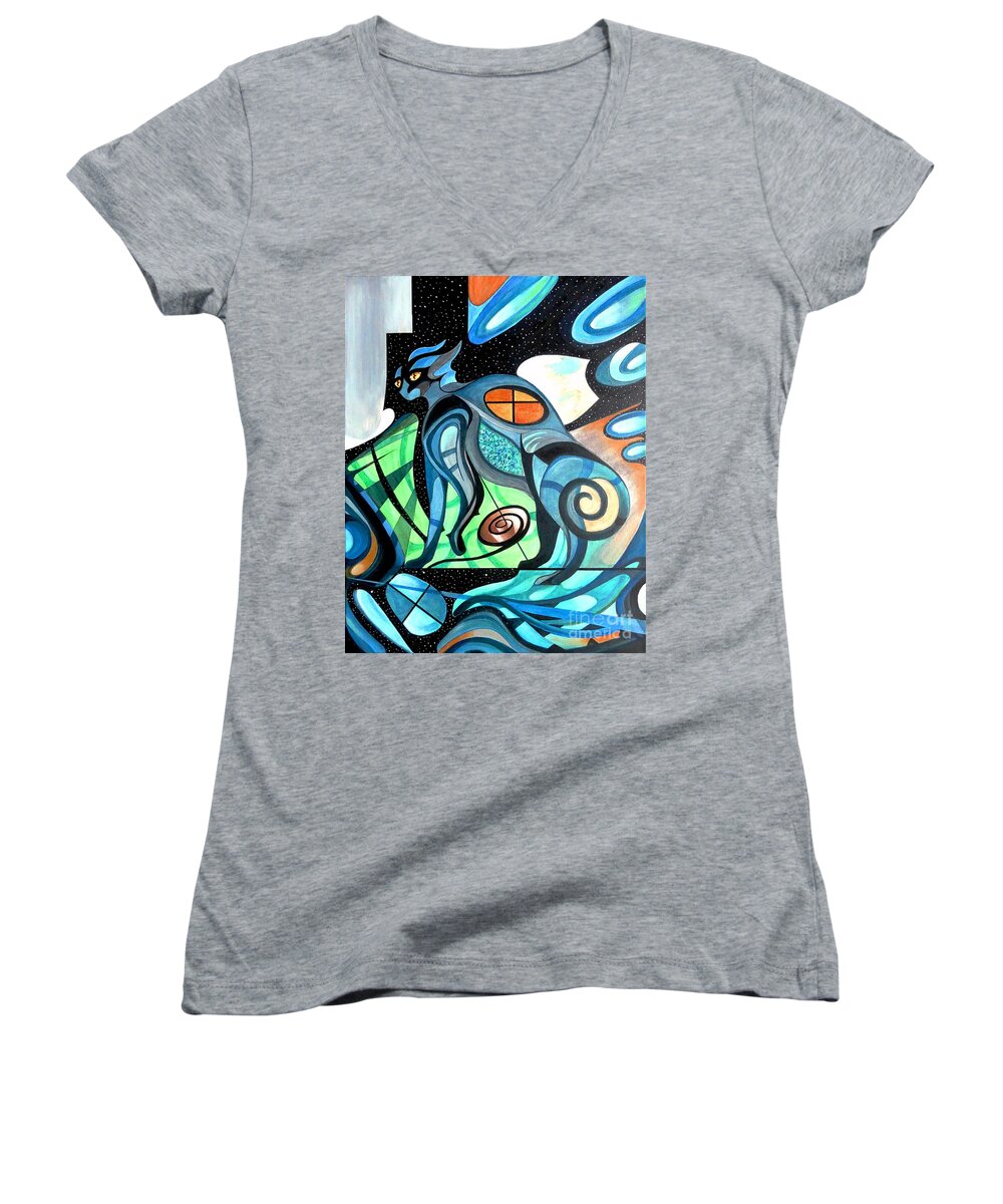 Pyewacket Women's V-Neck featuring the painting Intergalactic Fractic Wacket by John Lyes