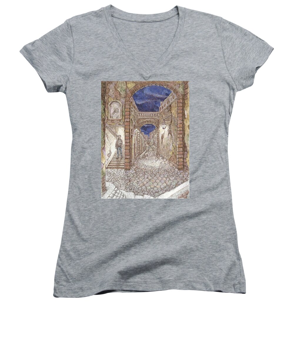 Alley Women's V-Neck featuring the digital art Into the Alley by Steve Breslow