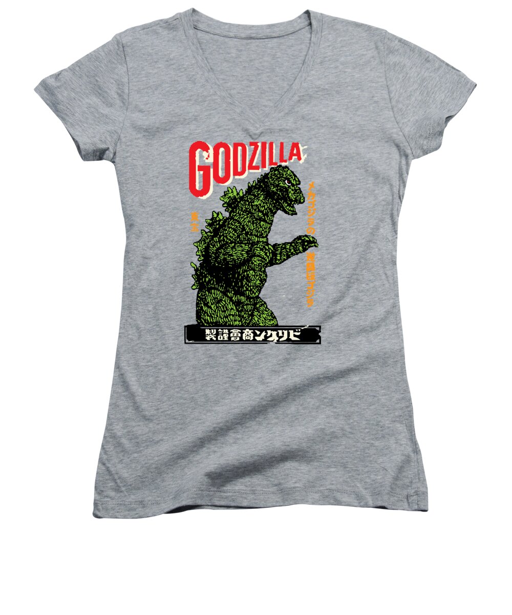Portrait Women's V-Neck featuring the painting Japanese Godzilla by Gary Grayson