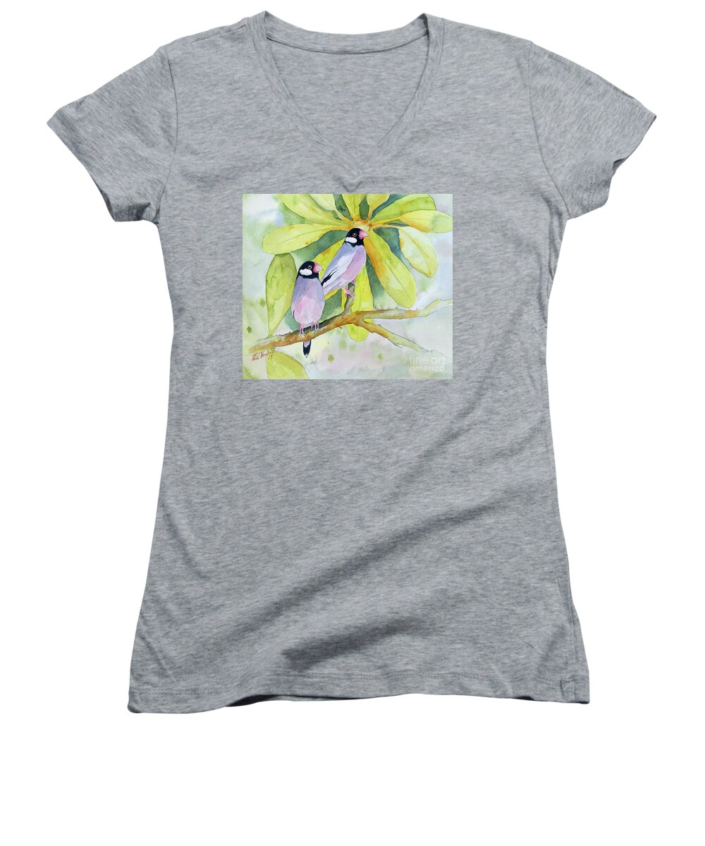 Bird Women's V-Neck featuring the painting Java Finches by Hilda Vandergriff