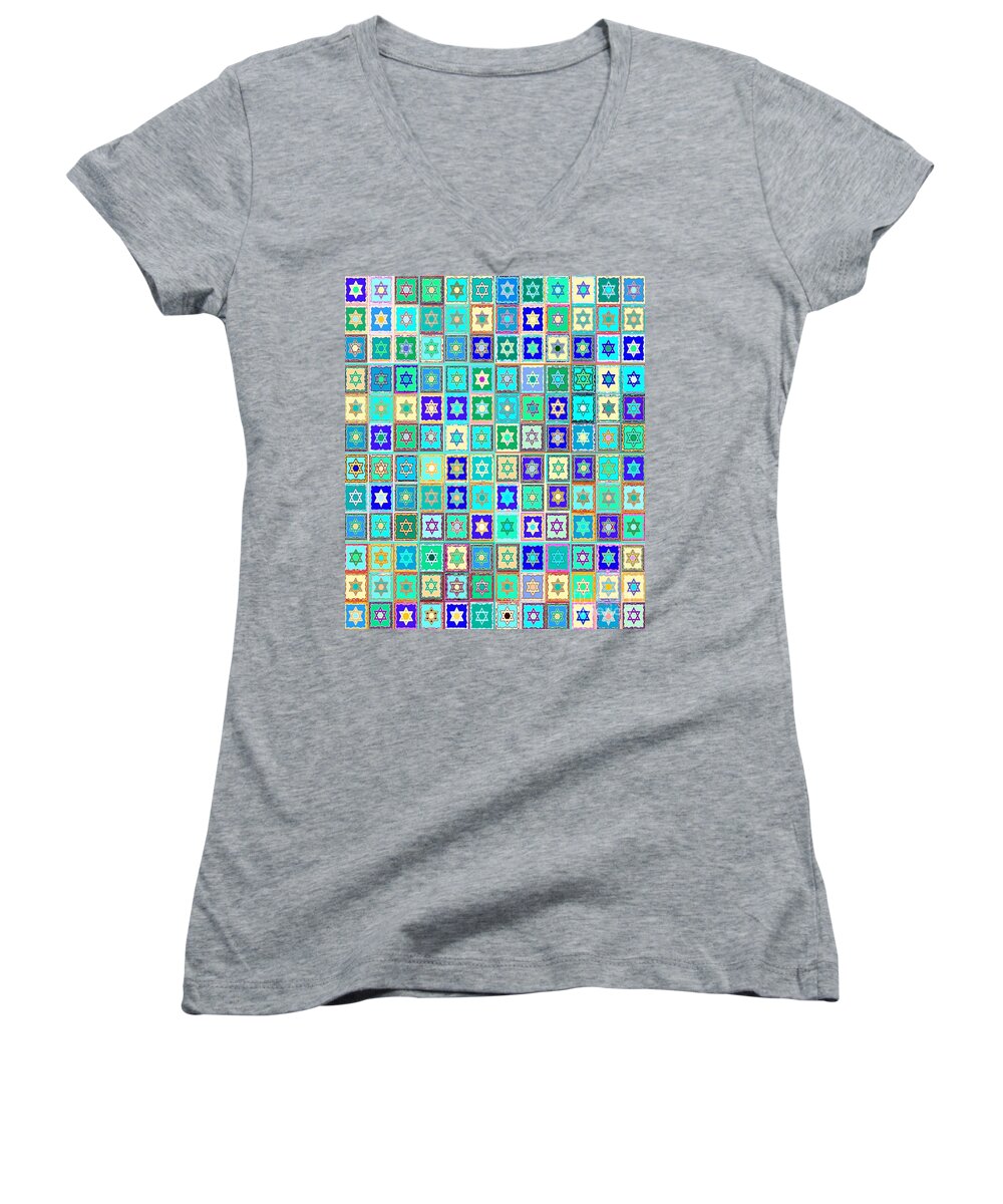 Judaica Women's V-Neck featuring the painting JUDAICA Lucky Emerald Stars by Sandra Silberzweig