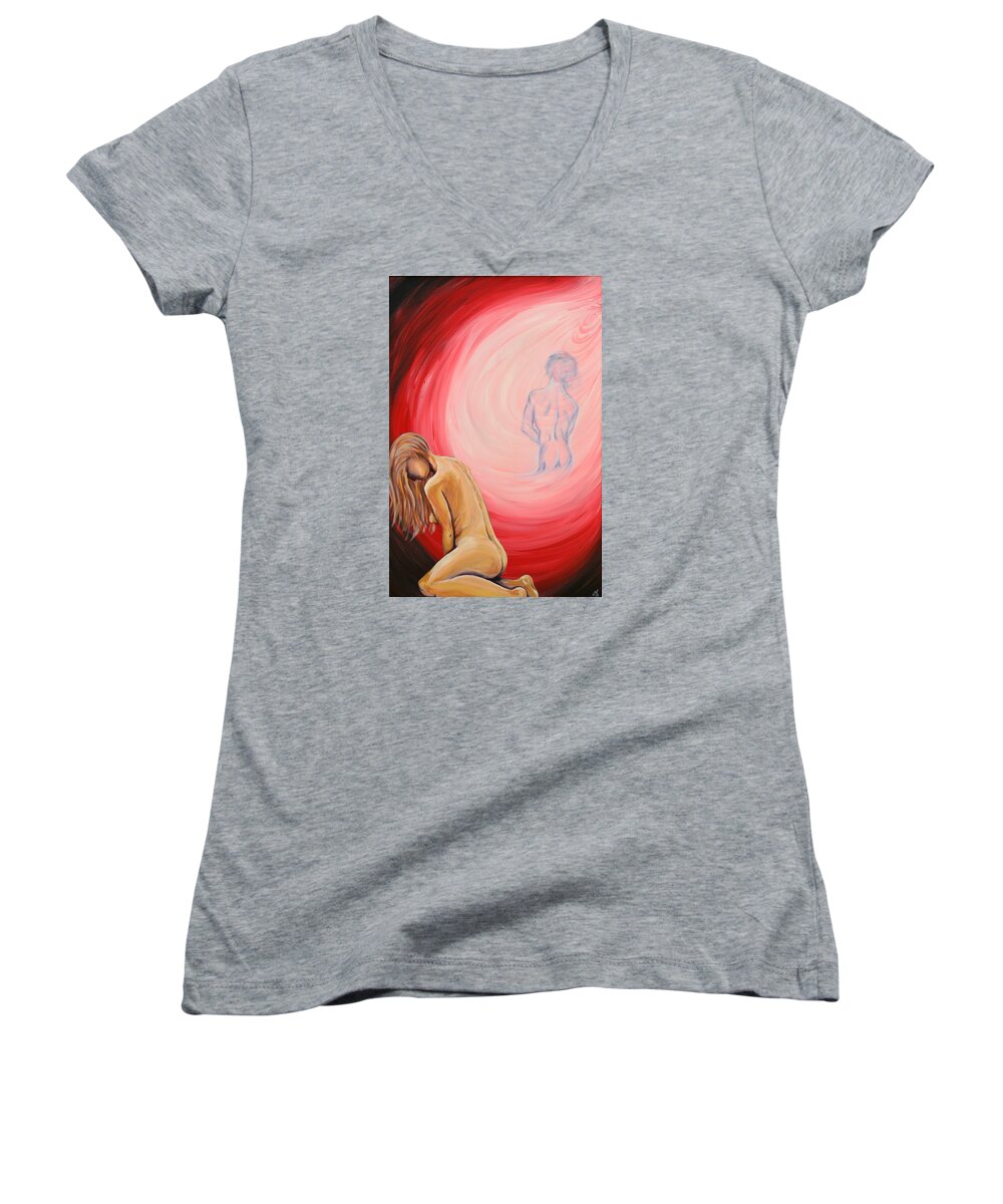 Woman Women's V-Neck featuring the painting Just an Illusion by Meganne Peck