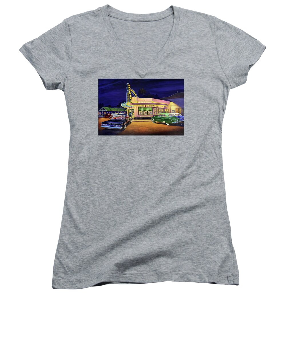 Shelton's Diner Women's V-Neck featuring the painting Just Married by Randy Welborn