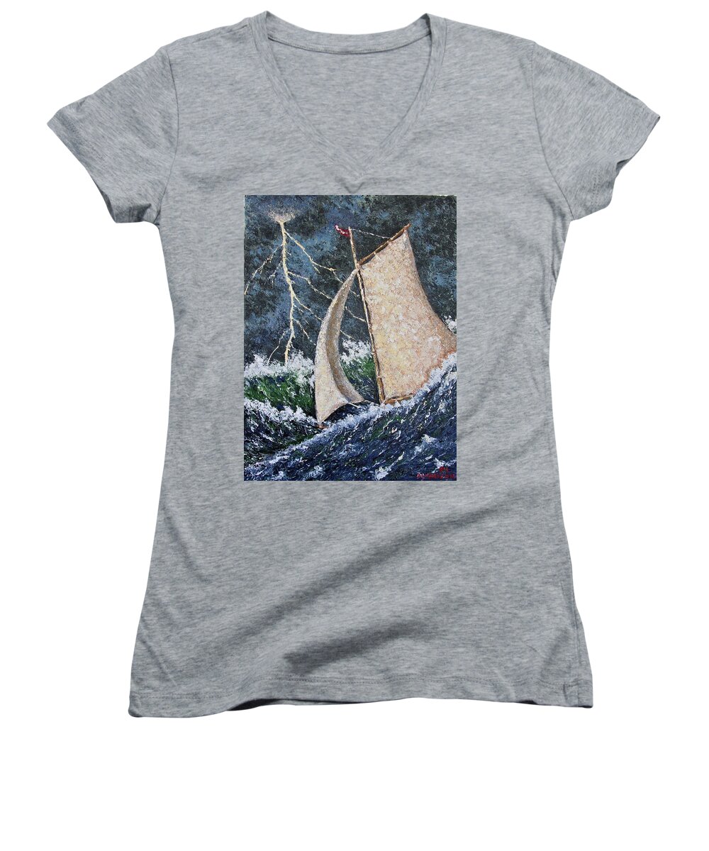 Seascape Women's V-Neck featuring the painting Ketch in trouble by Frank Morrison