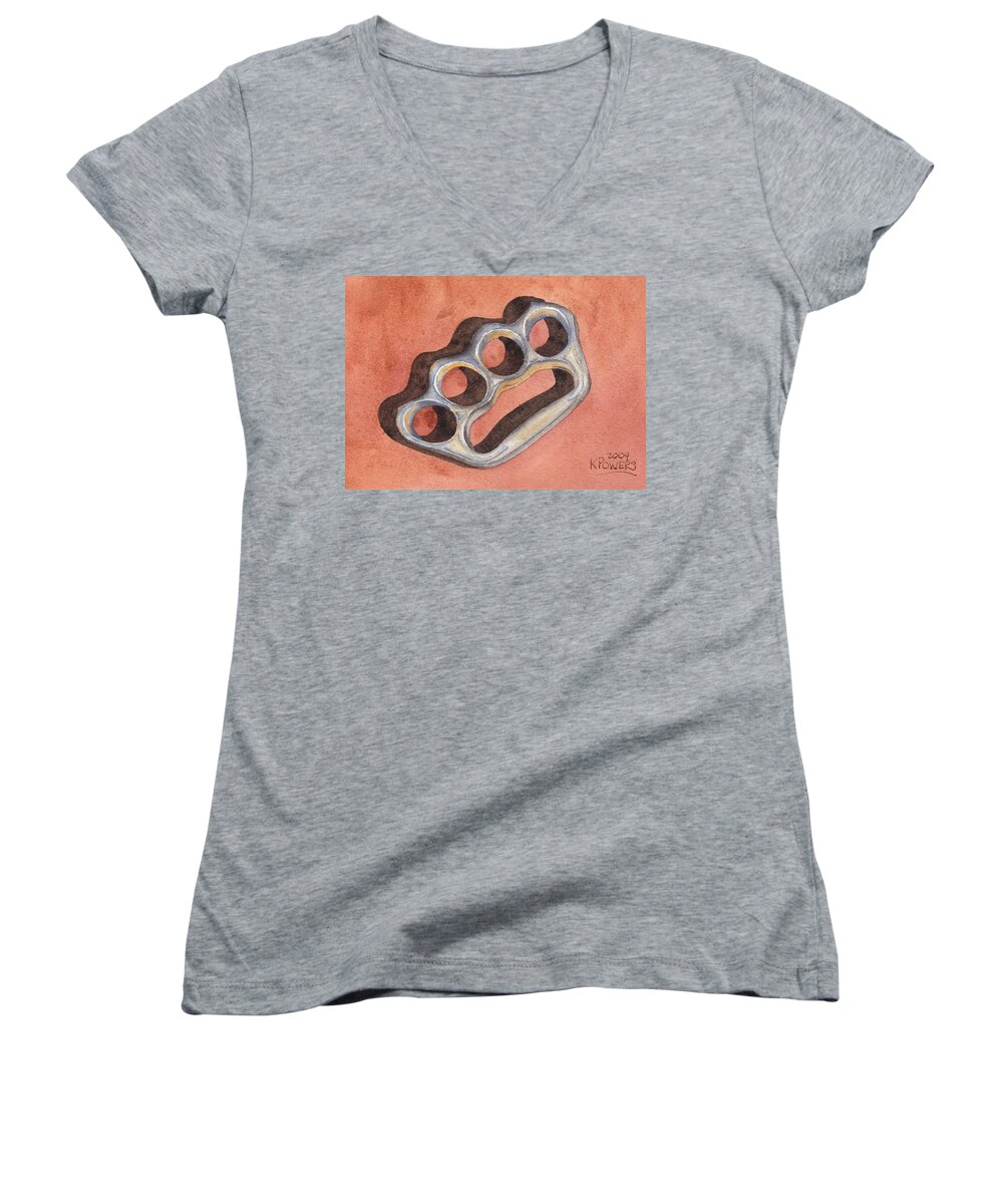 Brass Women's V-Neck featuring the painting Knuckle Duster by Ken Powers