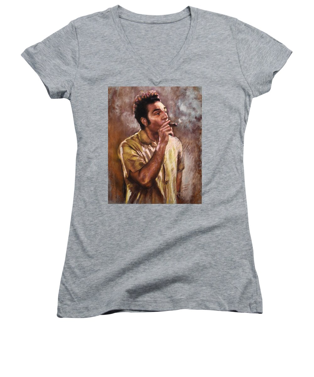 Kramer Seinfeld Cuban Cigars Kramer Smoking Cuban Cigar Cosmo Kramer Michael Richards American Actor Comedian Writer Television Producer Stand-up Comedian Seventh Season Curb Your Enthusiasm Women's V-Neck featuring the pastel Kramer by Ylli Haruni