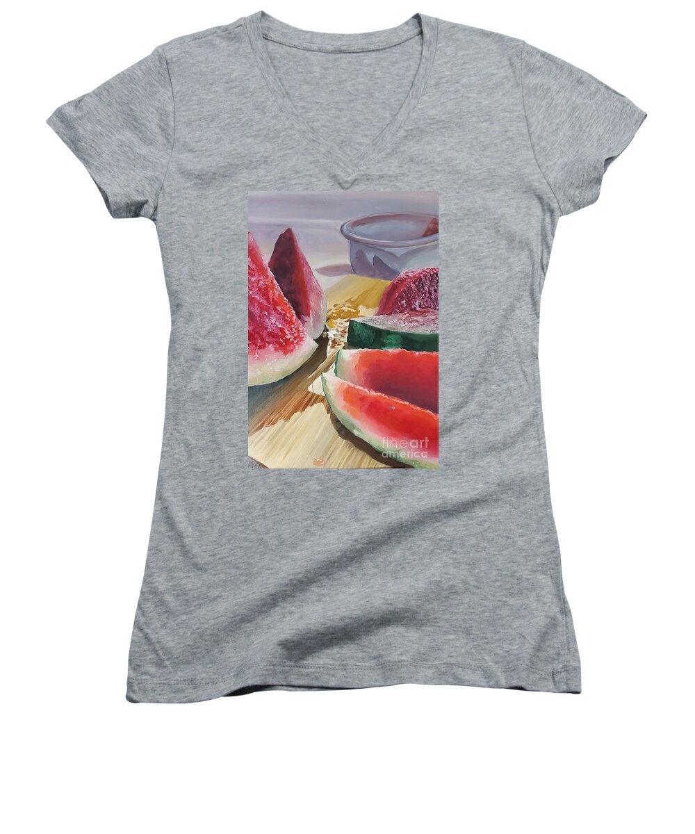 Watermelon Women's V-Neck featuring the painting Last Watermelon by Julie Garcia
