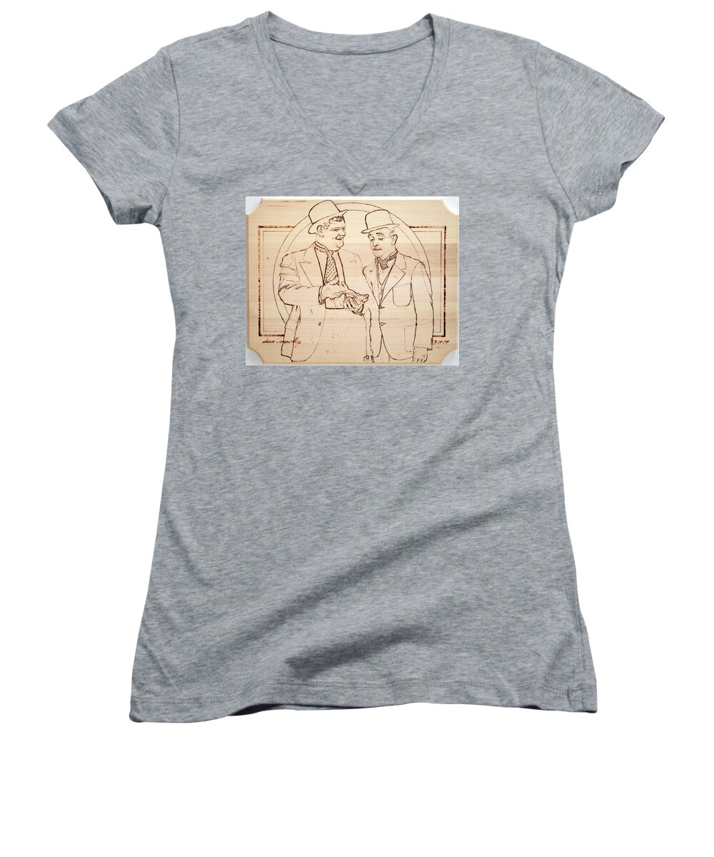 Pyrography Women's V-Neck featuring the pyrography Laurel And Hardy - Thicker Than Water by Sean Connolly