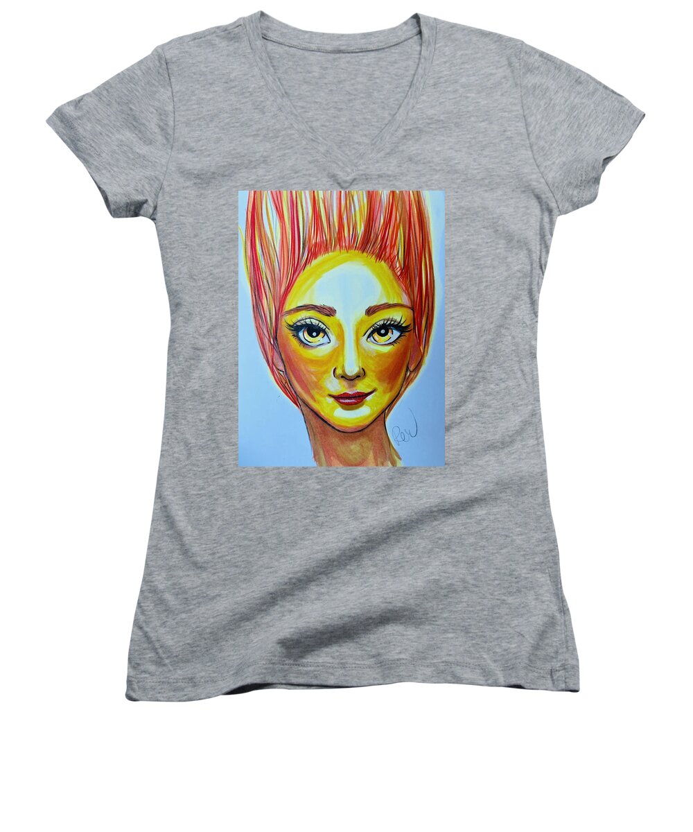 Lehabah Women's V-Neck featuring the drawing Lehabah by Rebecca Wood