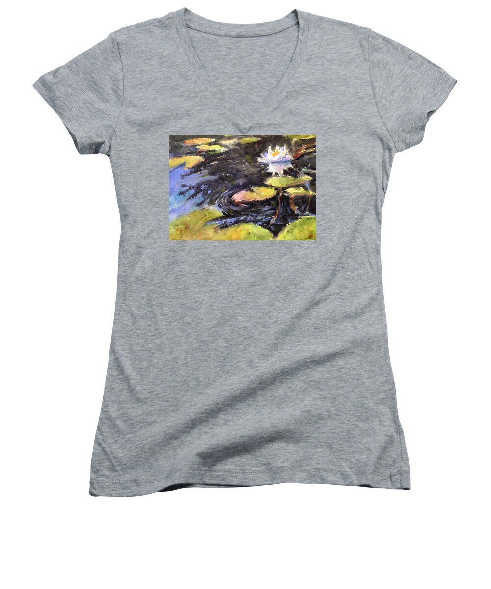 Painting Women's V-Neck featuring the painting Lily in Halfmoon Inlet by Judith Levins