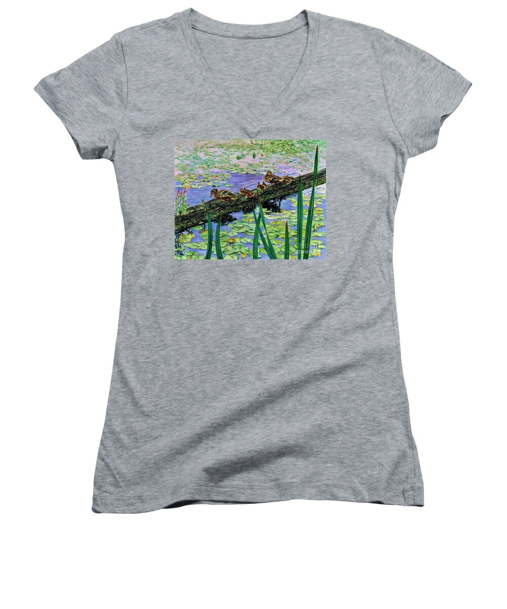 Cynthia Pride Watercolor Paintings Women's V-Neck featuring the painting Lily Marsh Family by Cynthia Pride