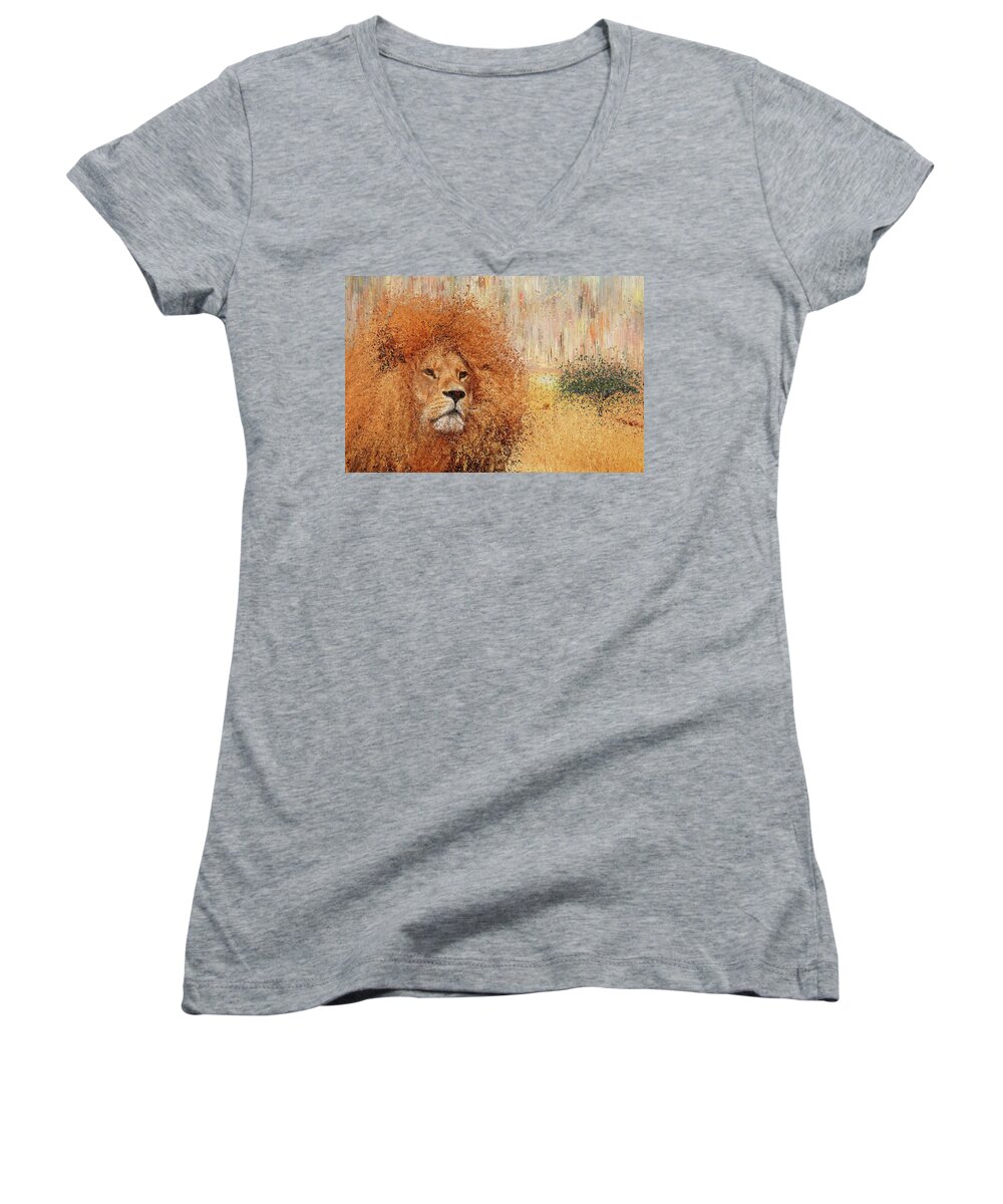 Lion Women's V-Neck featuring the painting Lion by Alex Mir