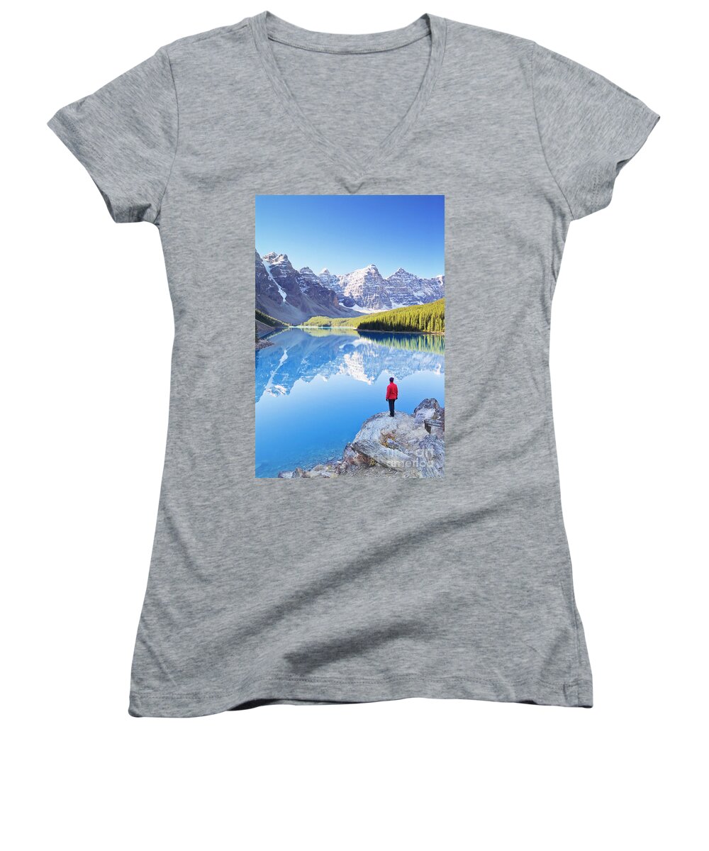 Moraine Lake Women's V-Neck featuring the photograph Lone hiker at Moraine Lake, Canadian Rockies by Neale And Judith Clark