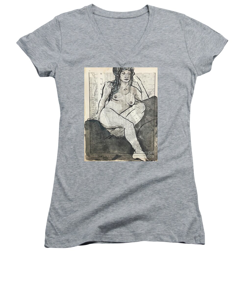 Sumi Ink Women's V-Neck featuring the drawing Lower Manhattan by M Bellavia