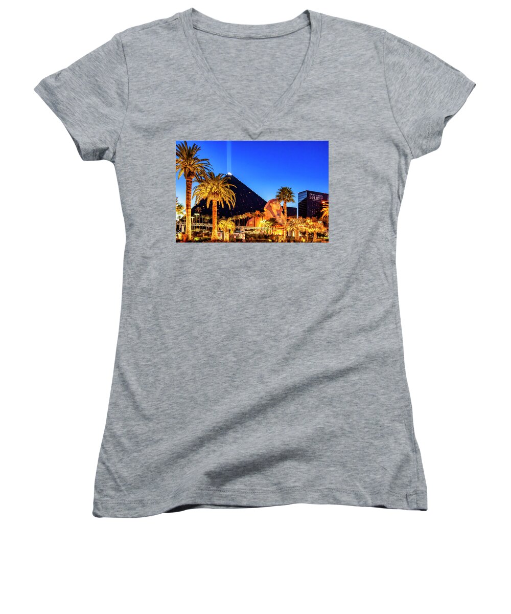 Las Vegas Women's V-Neck featuring the photograph Luxor Pyramid and Sphinx of Giza, Las Vegas by Tatiana Travelways