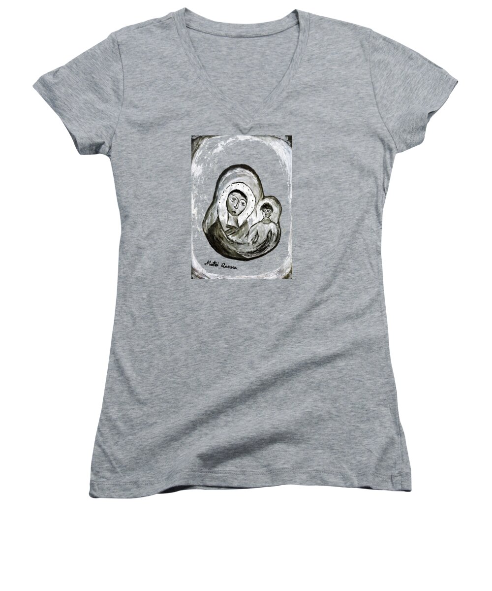 Madonna Women's V-Neck featuring the painting Madonna with Child by Ramona Matei