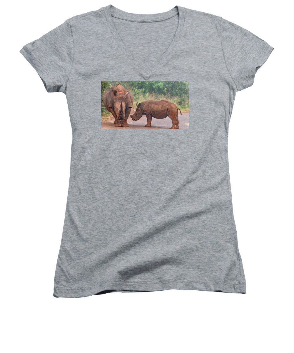 Rhinoceros Women's V-Neck featuring the photograph Mama and Baby Rhino Pair by Marcy Wielfaert