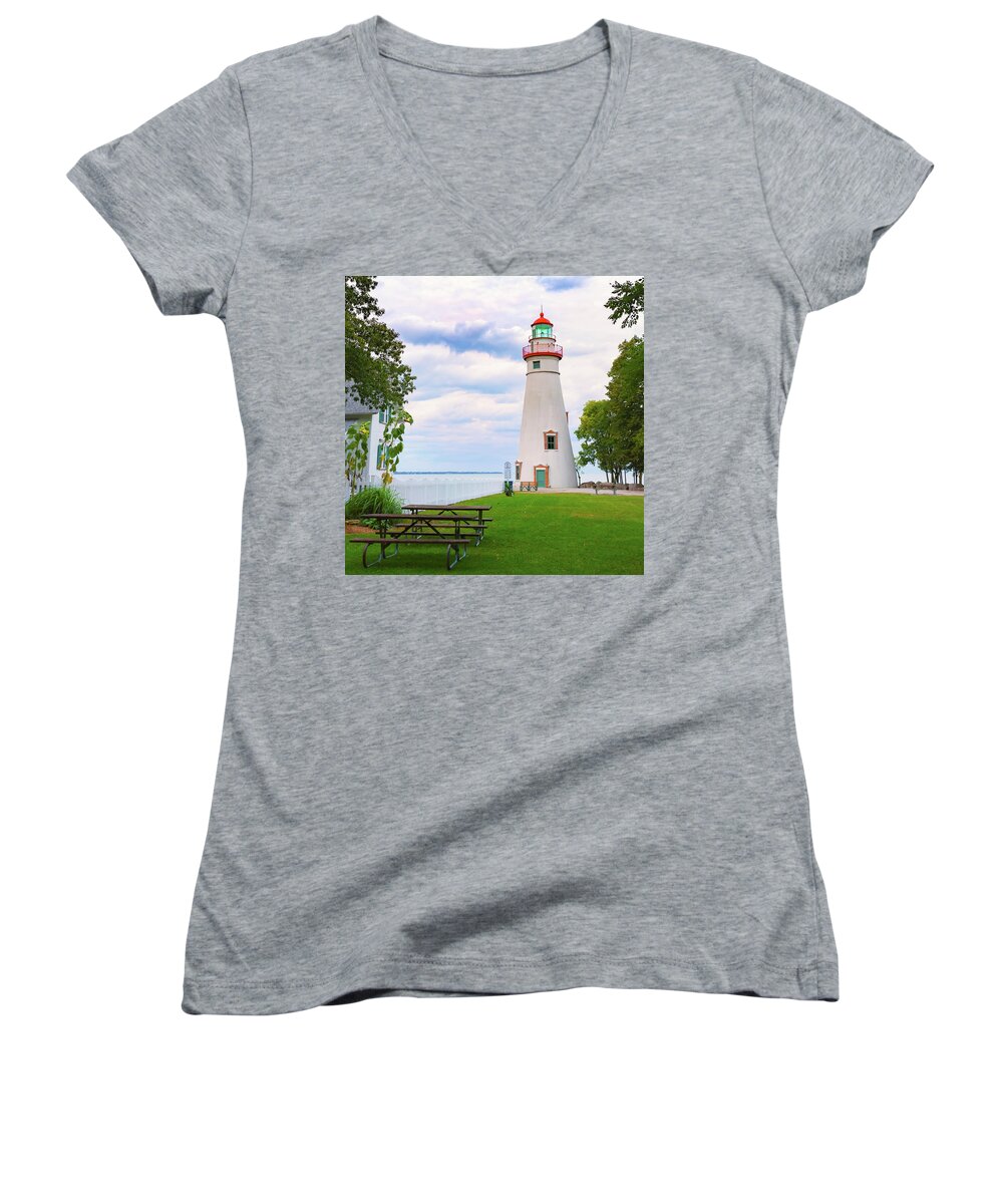 Marblehead Lighthouse Women's V-Neck featuring the photograph Marblehead Lighthouse Lake Erie by Marianne Campolongo